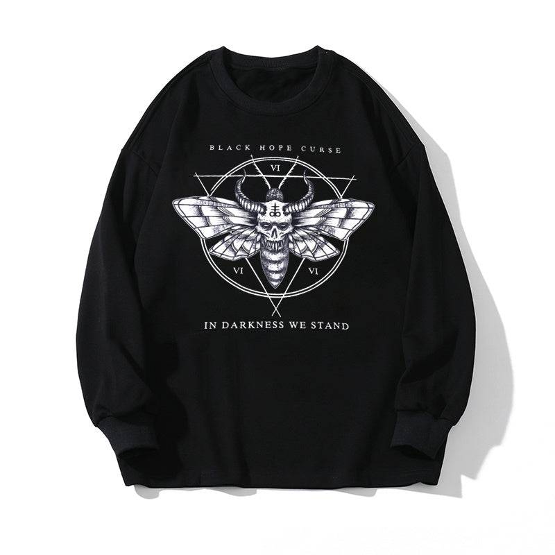 Women's oversized black hoodie featuring a gothic moth graphic with 'Black Hope Curse' and 'In Darkness We Stand' text, ideal for casual wear.