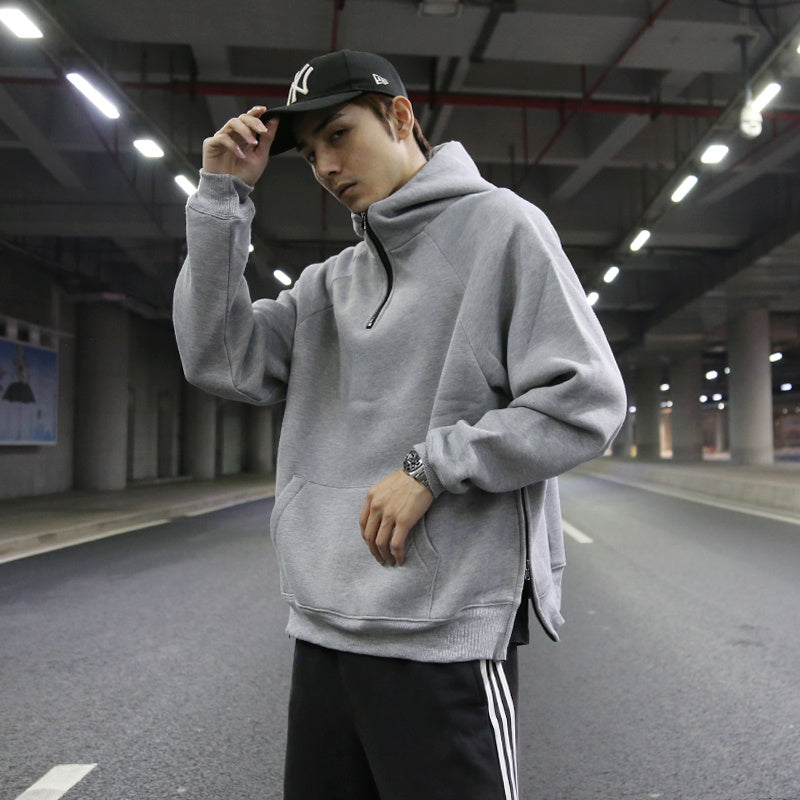 Oversize solid half-zip fleece pullover hoodie