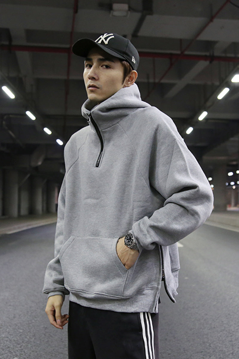Oversize solid half-zip fleece pullover hoodie